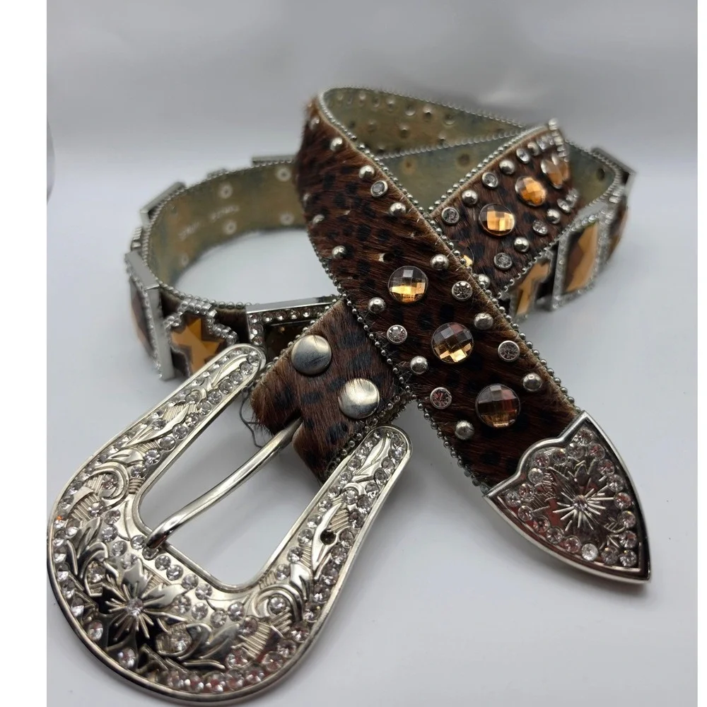 Western Leopard Calf Hair Crystal Studded Cross Belt Silver Buckle Brown Amber